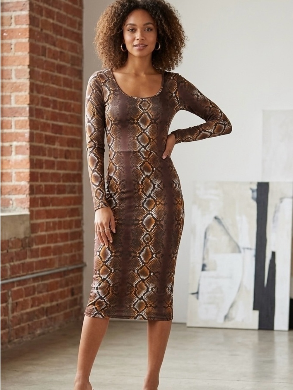 Brown Snake-Print Long Sleeve Bodycon Dress